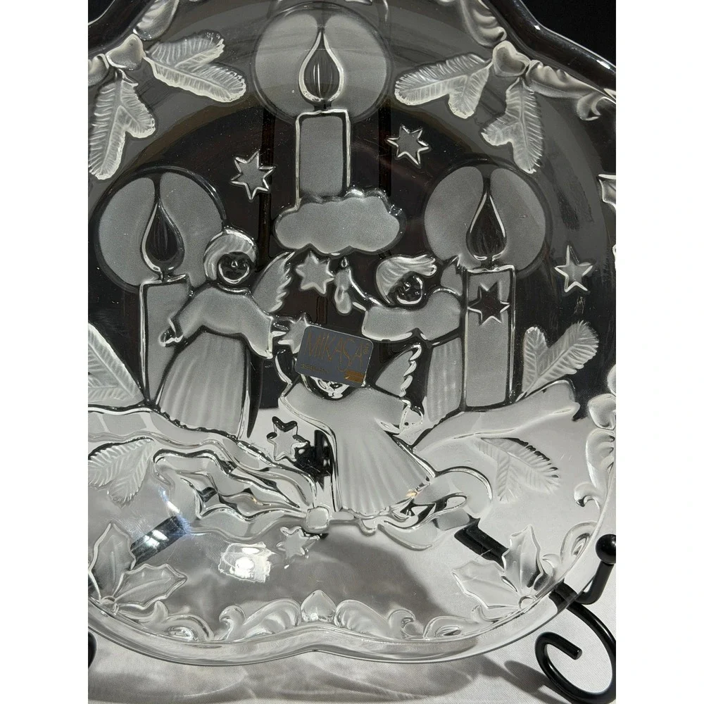 Mikasa Christmas Night Crystal Serving Bowl Angels Candles Frosted Glass Germany